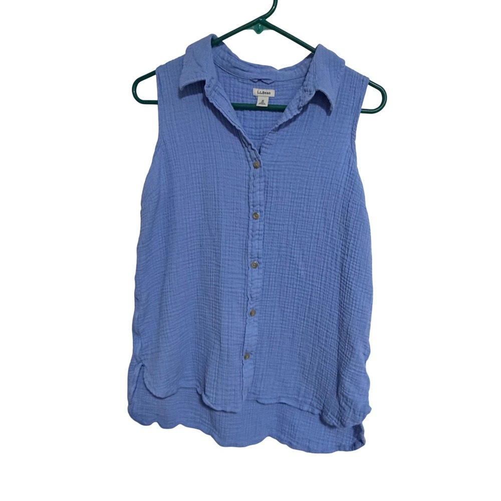 LL Bean Womens Blue‎ Double Gauze Cotton Sleeveless Button Down Shirt 521750 M